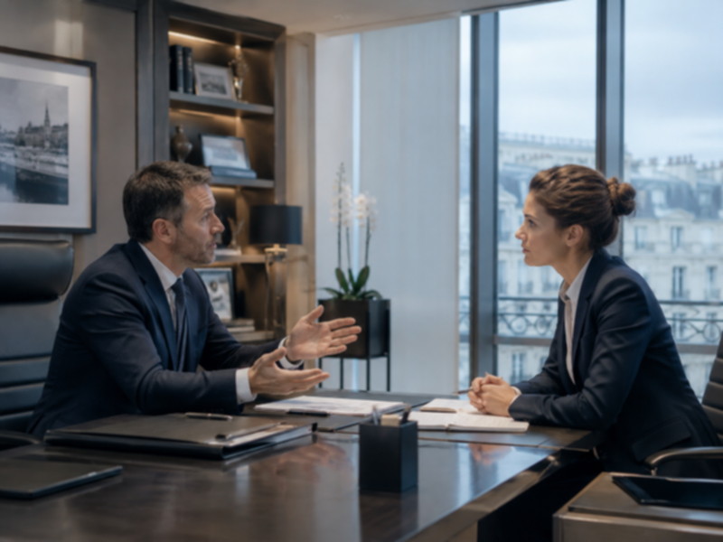 Two people in an office trying to communicate in French