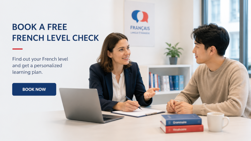 A woman and a man checking french level