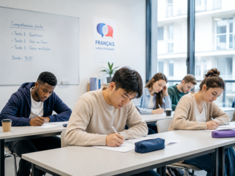 Students taking an examen in French in a classroom