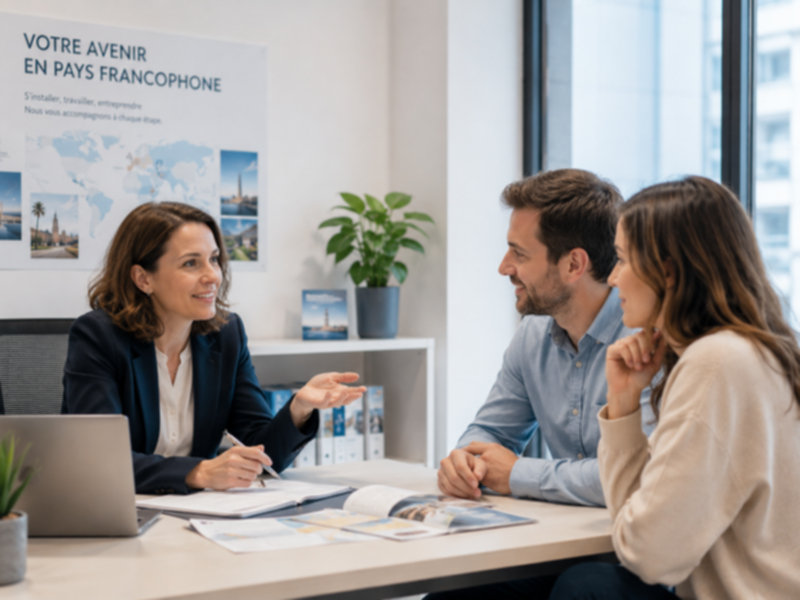 couple in an office for expatriation to France